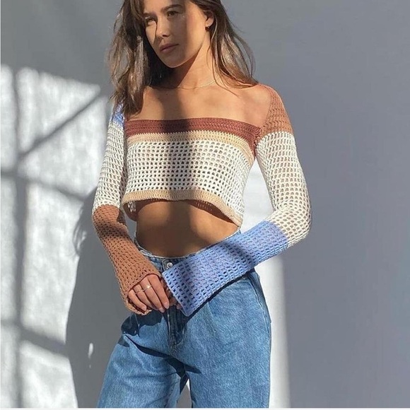 Y2K Crochet Long Sleeve Color Block Square Neck Top - Picture 3 of 11